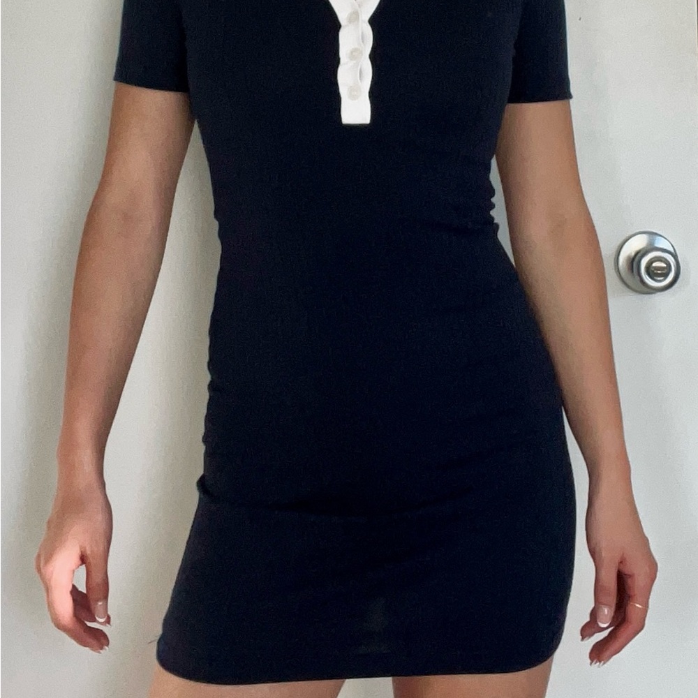 Elegant Korean Navy and White Buttoned Dress